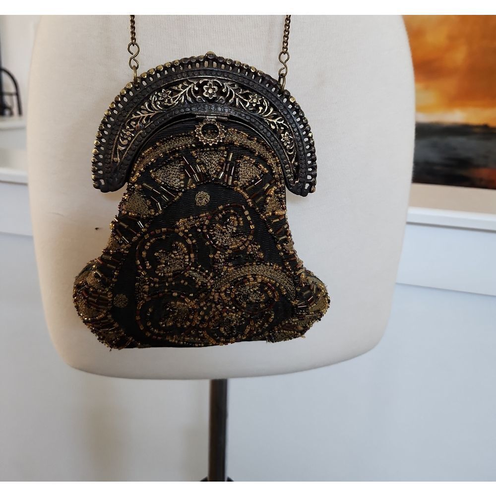 Elegant Black and Gold Beaded Evening Bag